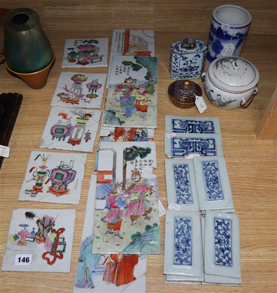 A quantity of Chinese porcelain tiles, a pot pourri, a brush pot, a flask etc.